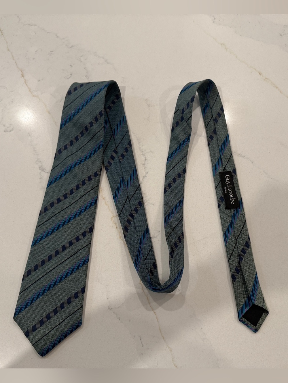 Guy Laroche 100% Silk Tie Blue Green Navy Royal Blue Diagonal Stripe Designer